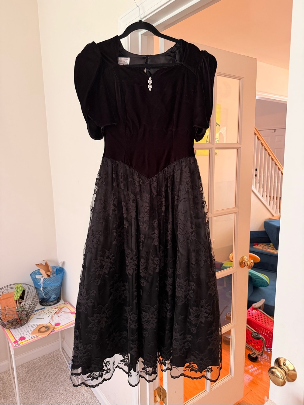 Black Vintage Lace & Velvet Midi Dress - Beetlejuice Inspired - Goth